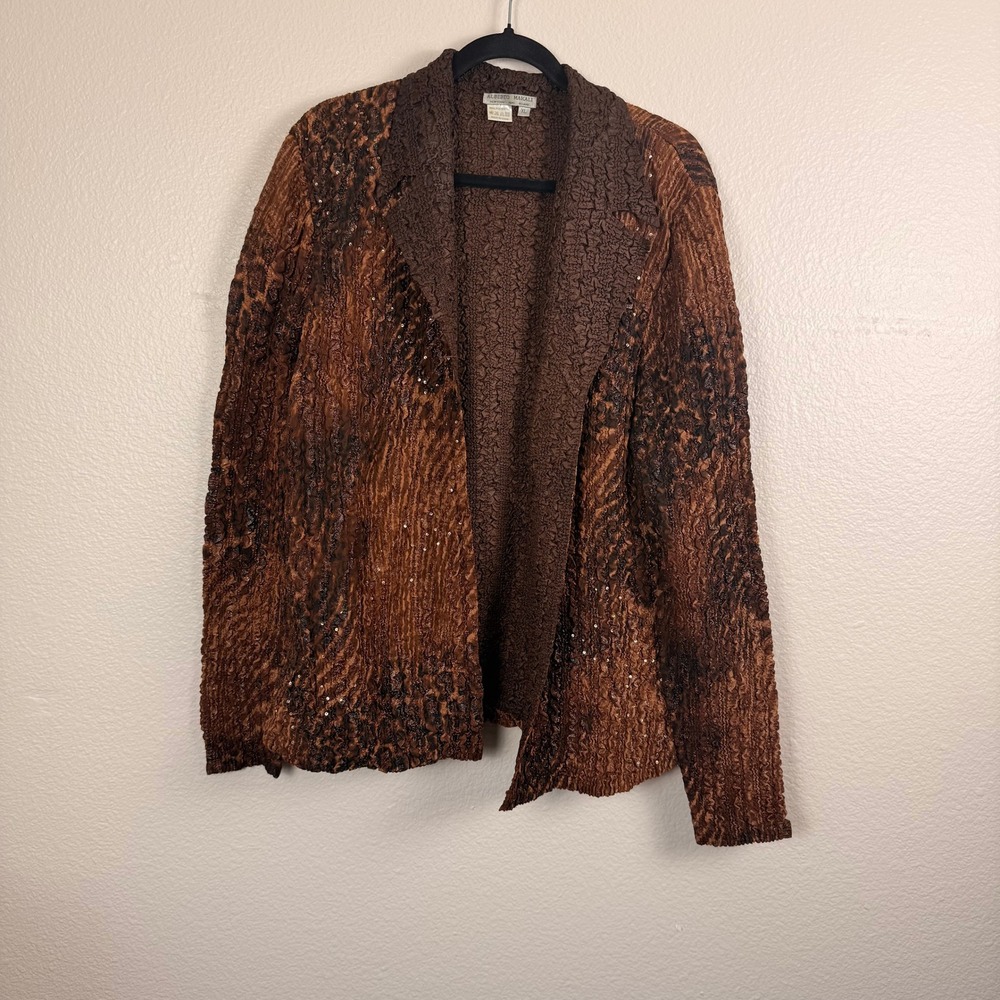Alberto Makali Open Front Jacket Shimmer XL Brown Animal Print Sequin Crinkle